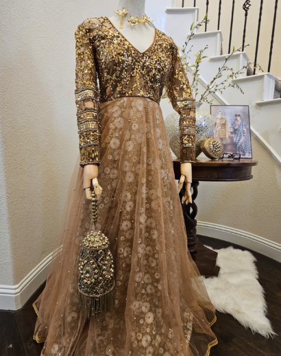 Sequin Hand Embroidered Gowns - Olive