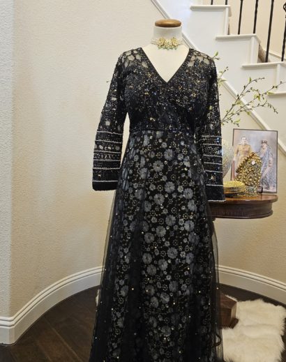 Sequin Hand Embroidered Gowns - Olive