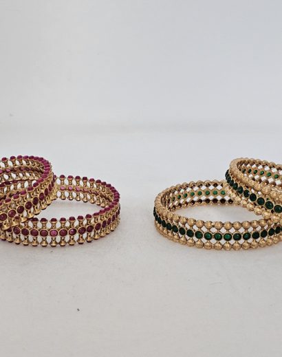 Gold beaded Bangle Green and Red stone all around