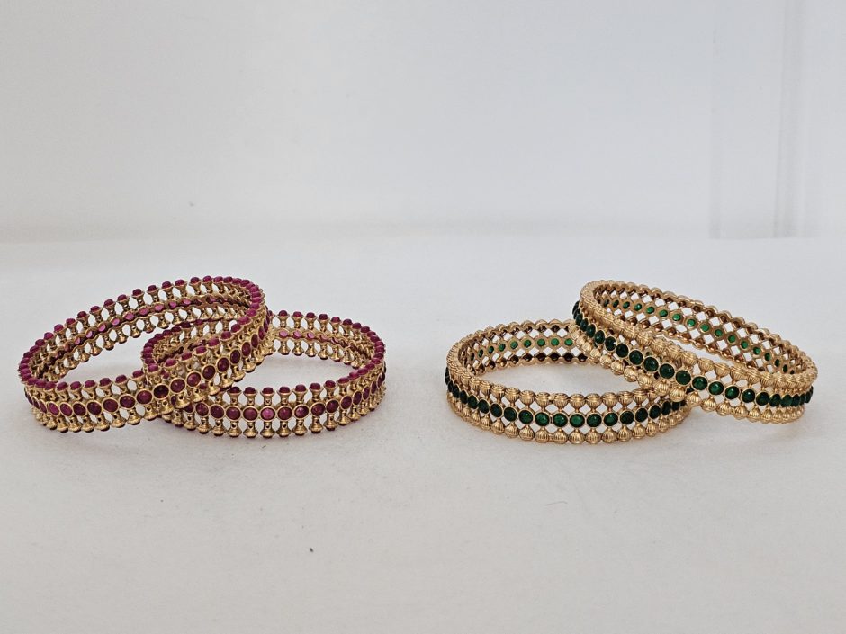 Gold beaded Bangle Green and Red stone all around