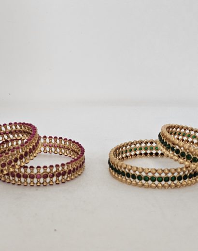 Gold beaded Bangle Green and Red stone all around