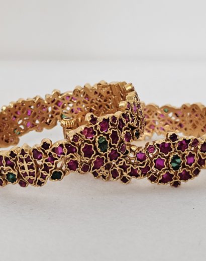 Gold Bangles Ruby and Green Triangle Stone