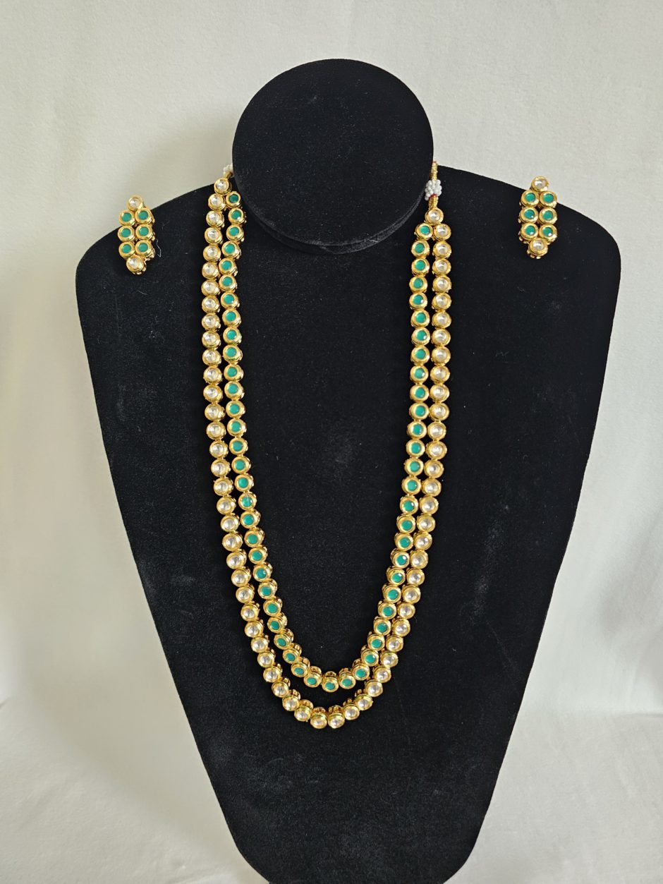 Green and White Kundal Polki Necklace Set