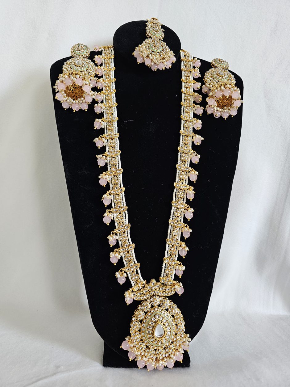 White Gold Kundan Necklace with Pink Beads Necklace Set