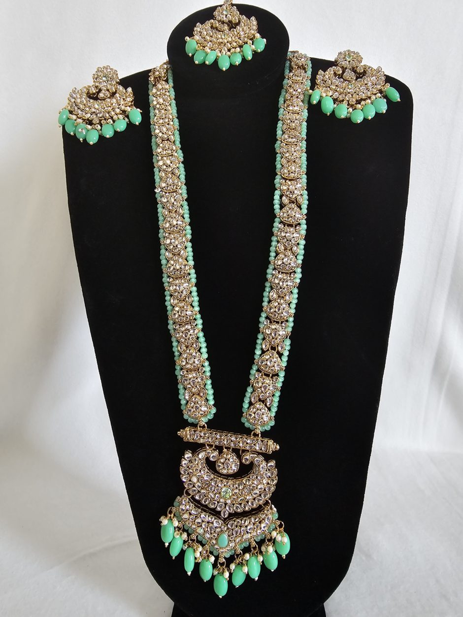 Kundan Long Necklace with Mint Green Beads Necklace Set